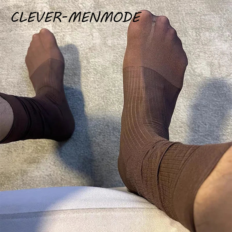 Men Sexy Dress Transparent Tube Silk High Socks Men Nylon Silk BDSM Slave Fetish Sissy Gay Hosiery Men Pure Sex Gaming Stockings
