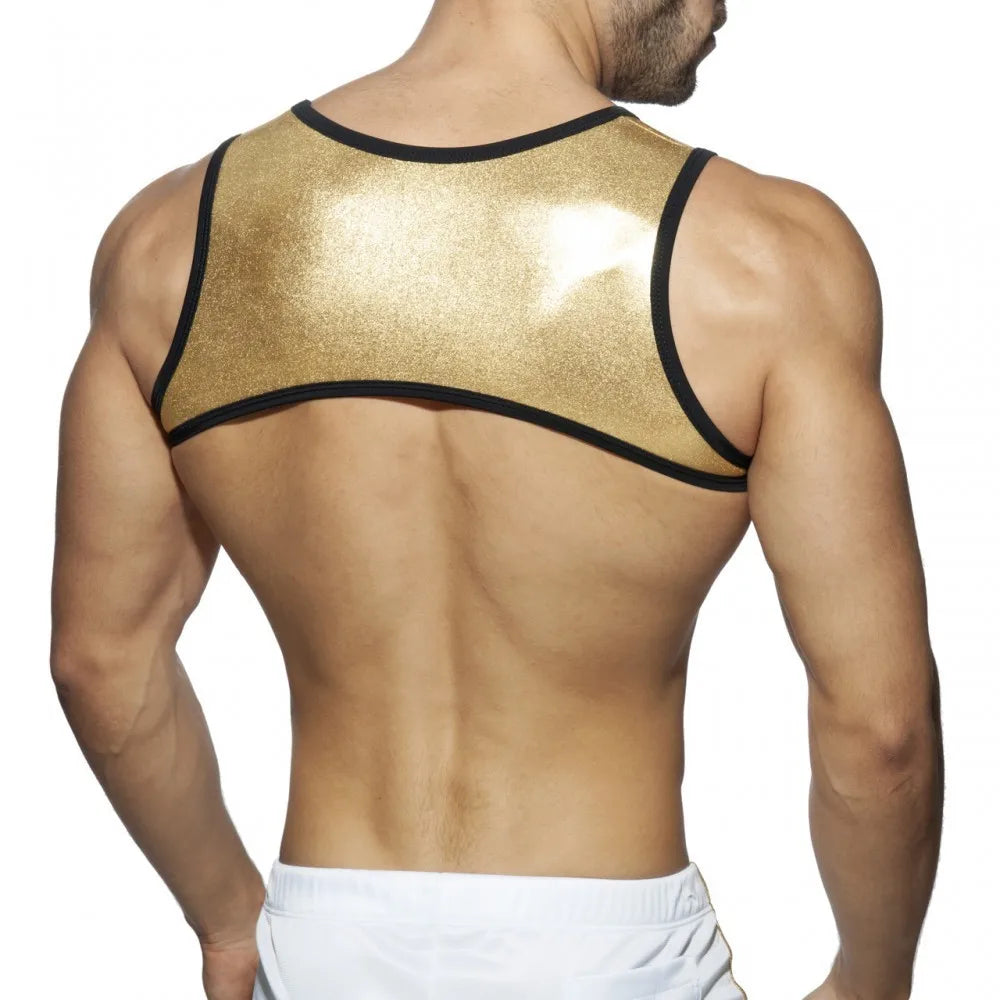 Harness Men Strap Costume Sexy Shoulder Bondage Chest Lingerie Metal Shaper Gay Men Underwear Neoprene & Metallic Leather Top