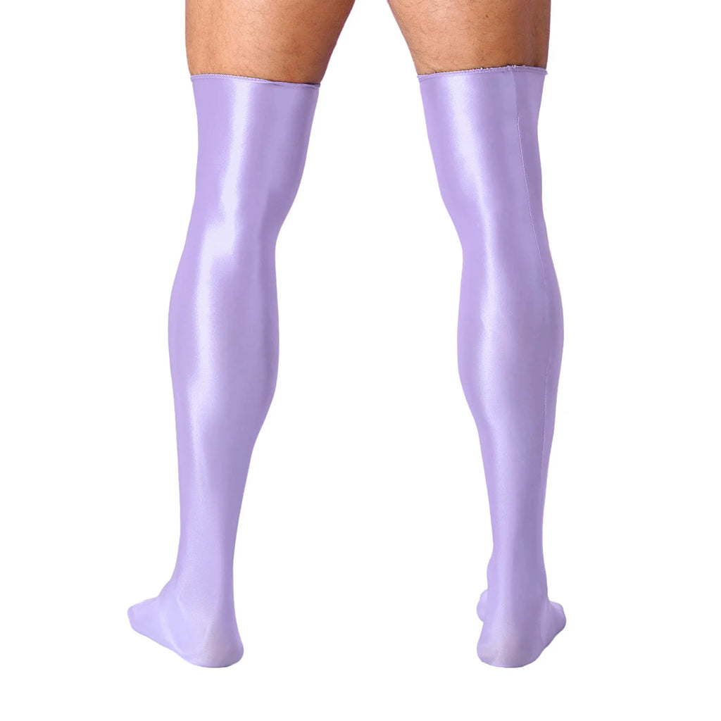 Mens Glossy Thigh High Stockings Solid Oil Shiny Smooth Stretchy Knee High Socks Sexy Sissy Crossdresser Nightclub Clubwear