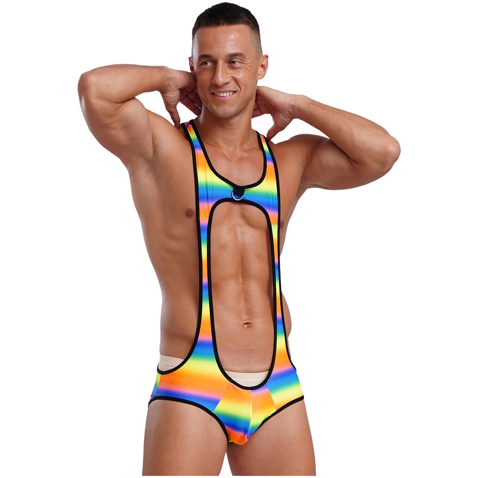 Sexy Mens Cutout U Neck Wrestling Singlet Costume Sleeveless Jockstrap Bodysuit Printed Open Butt Leotard Bodybuilding Fitness