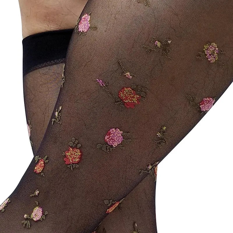 Men's Thin Sheer Sexy Socks with Floral Embroidery Black Knee High Formal Dress Suit Long Tube Stocking See through