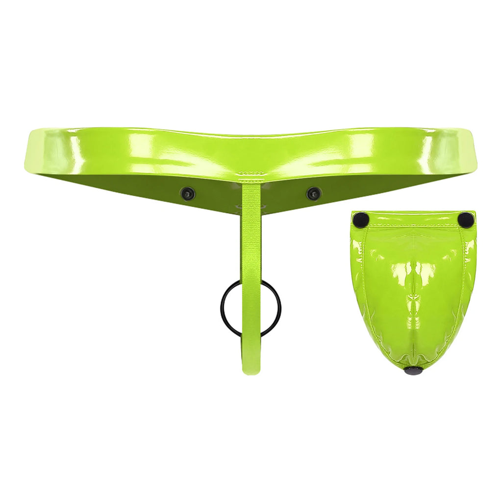 Mens Lingerie 2-in-1 Jockstrap Underwear Underpants O-ring Thong with Detachable Crotch Cover Glossy PU T-back Briefs Panties