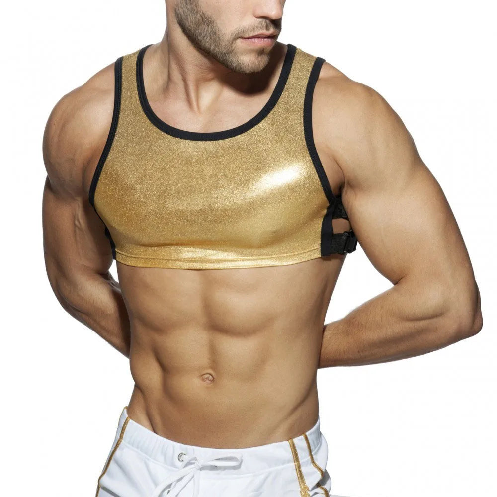 Harness Men Strap Costume Sexy Shoulder Bondage Chest Lingerie Metal Shaper Gay Men Underwear Neoprene & Metallic Leather Top