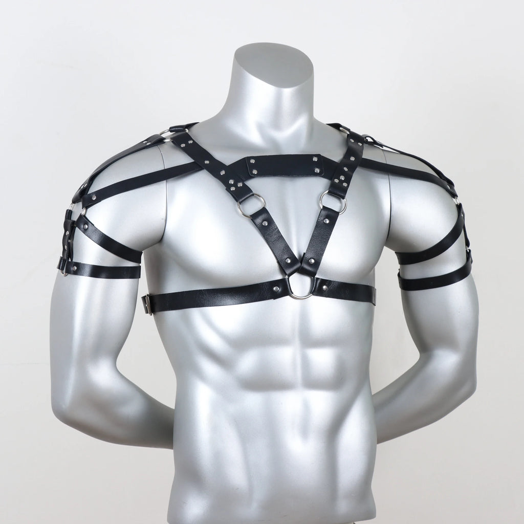 Men's Punk Waist Belt, Gothic Black Leather Chest Harness Adjustable With Buckles and O-Rings Costume Costume