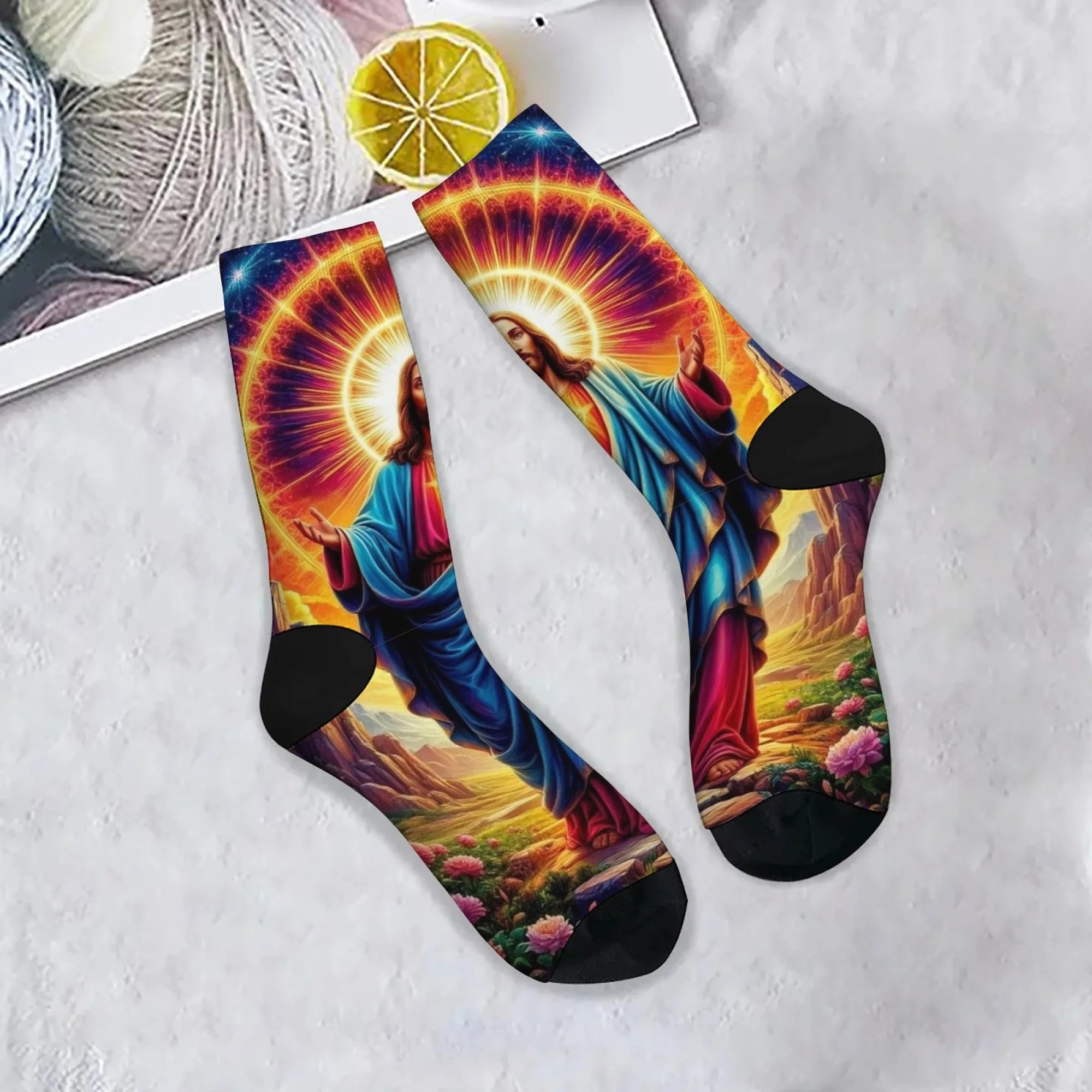 Jesus the Savior Mythology Art Men's Socks Comfortable Warm Retro Fashion Socks Novelty Funny Happy Crew Socks Casual Party Gift