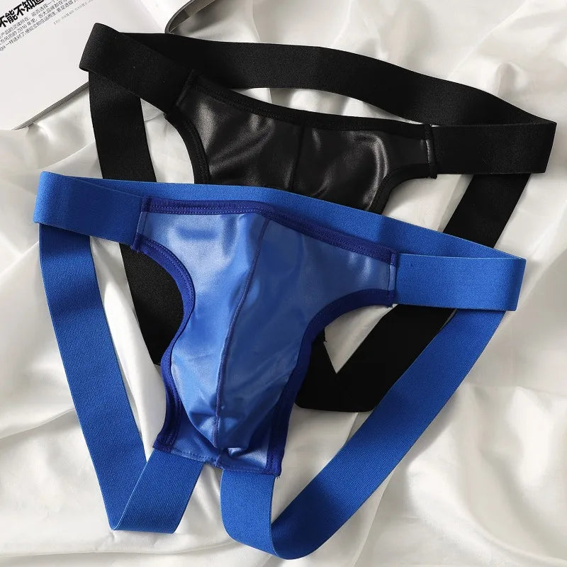 Men's Sexy Jockstrap Thong Open Back Stretch Leather Underwear Korean Youth Bugle Pouch Jock Strap Lingerie Hollow Butt G-String