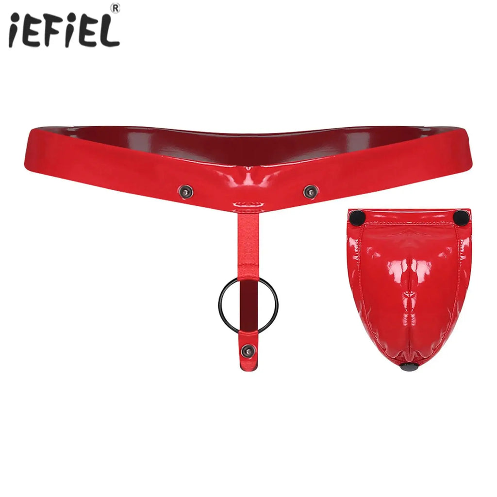 Mens Lingerie 2-in-1 Jockstrap Underwear Underpants O-ring Thong with Detachable Crotch Cover Glossy PU T-back Briefs Panties