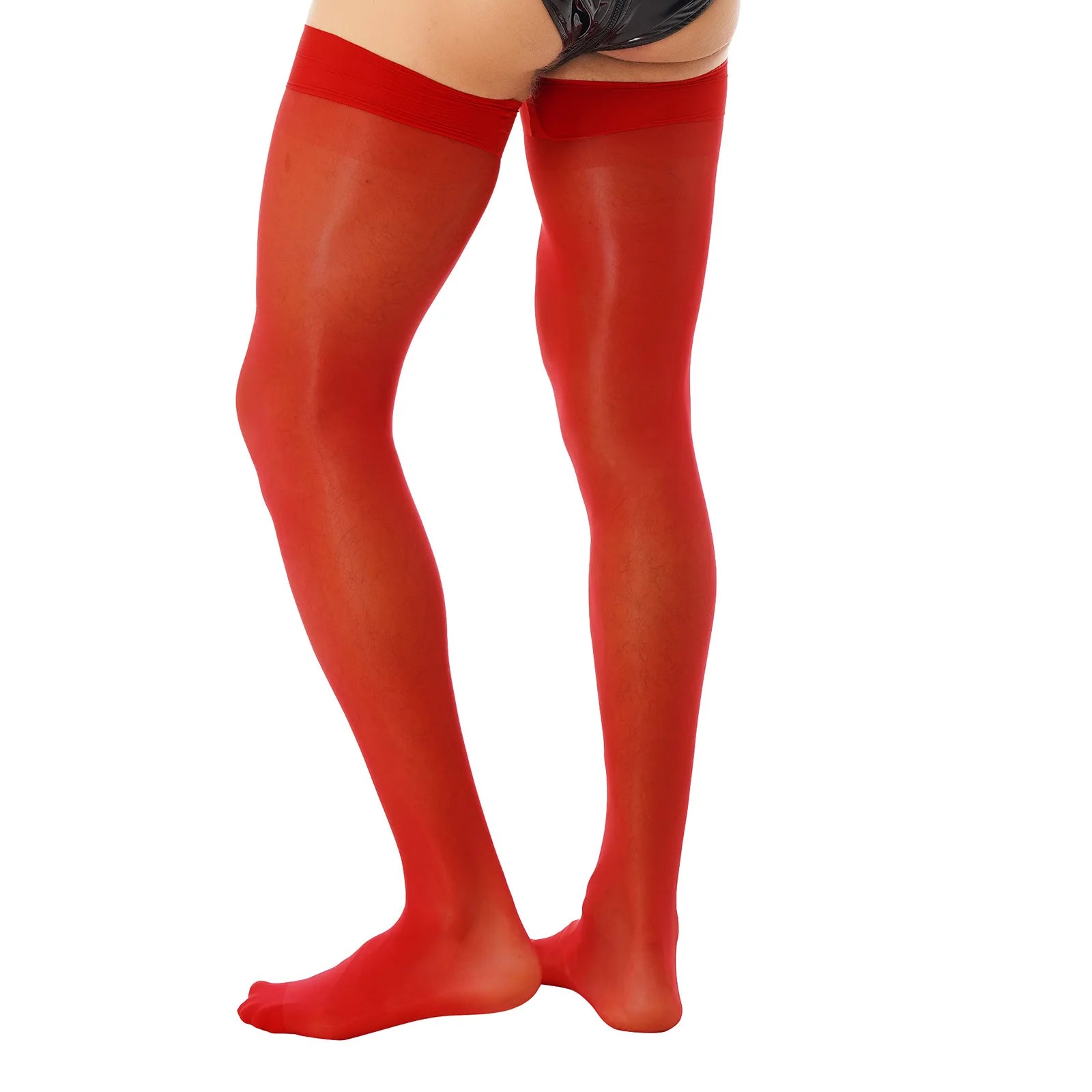 Sexy Mens Lingerie Glossy See-through Stockings Thin Shiny Solid Color Stretchy Sheer Thigh High Socks Sissy Stockings