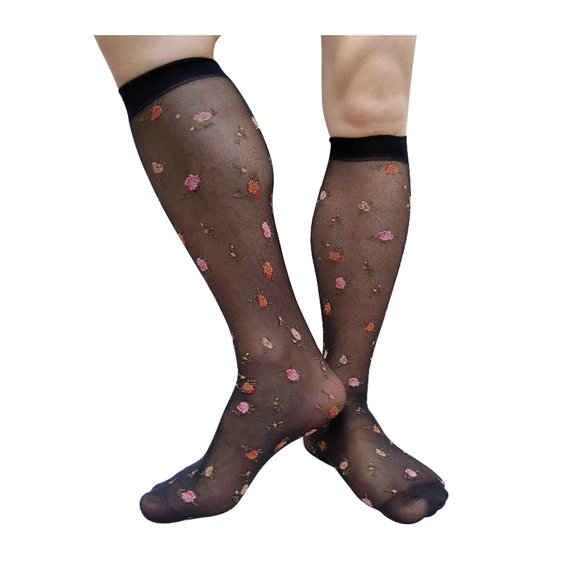 Men's Thin Sheer Sexy Socks with Floral Embroidery Black Knee High Formal Dress Suit Long Tube Stocking See through