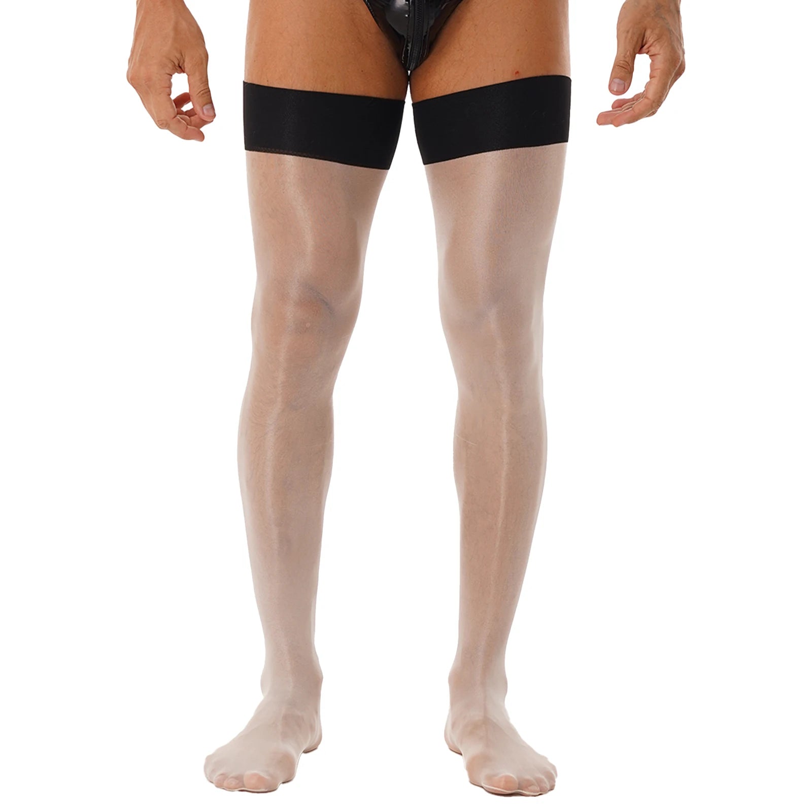 Men Glossy See-through Stockings Thin Shiny Solid Color Stretchy Sheer Thigh High Socks Sissy Fishnet Hollow Out Mesh Hosiery