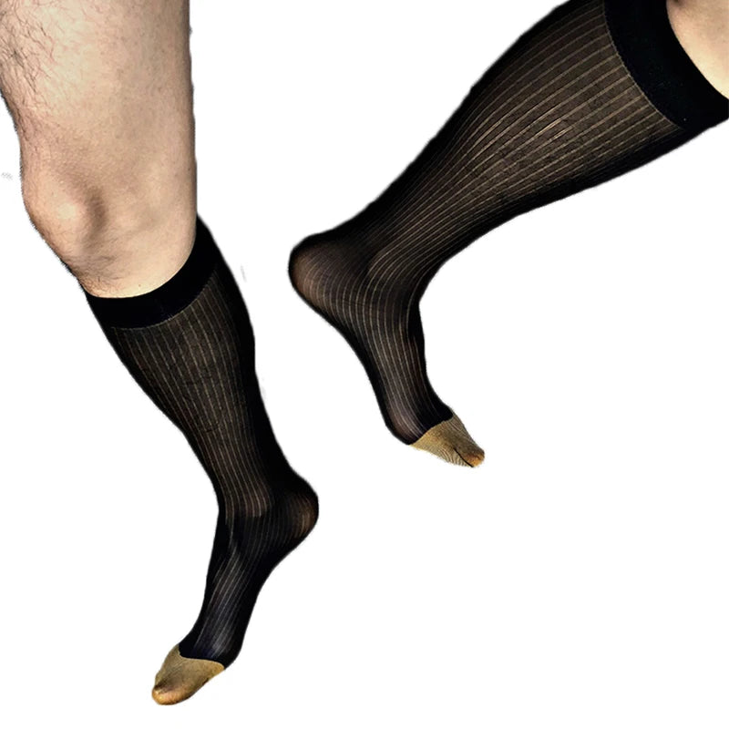 Men Tube Socks Formal Sexy Sheer Suit Stockings Fetish Business Ultra Thin Erotic Dress Sock hombre Golden Toe