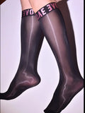 Sexy Men Cute Letter Oil Glossy Stockings Sheer See Through Shiny Silk Thin Elastic Nylon Stockings Socks Transparent Tights