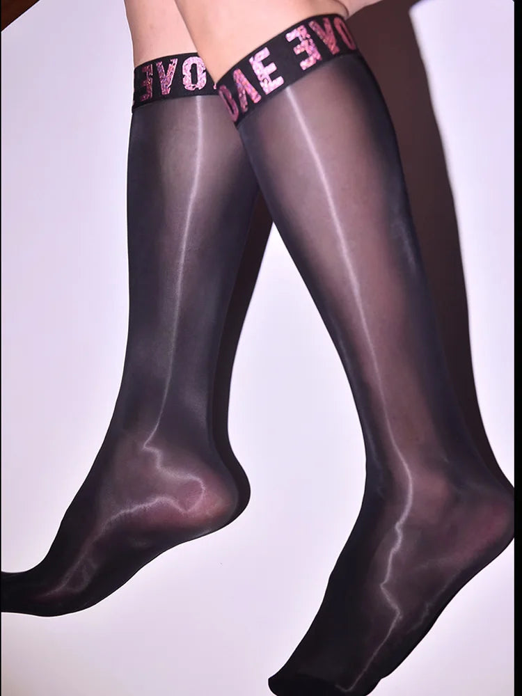 Sexy Men Cute Letter Oil Glossy Stockings Sheer See Through Shiny Silk Thin Elastic Nylon Stockings Socks Transparent Tights