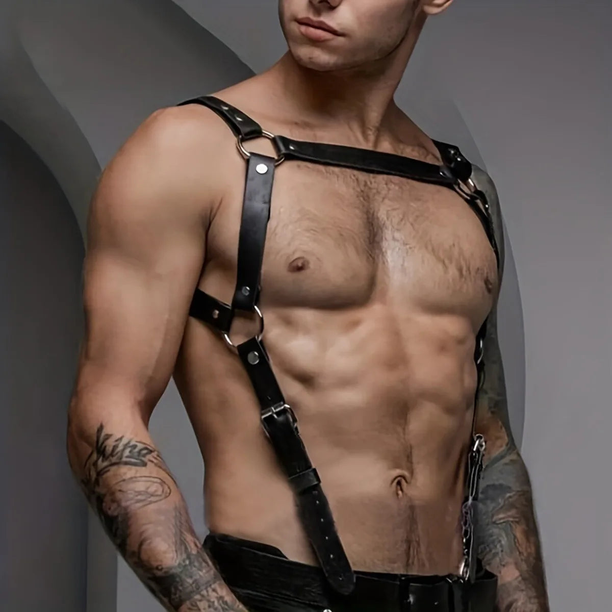 Leather Men Body Restraint Leather Shoulder Harness Belt Straps Suspenders Braces Armor Costume Sexual Male Lingerie Punk Gothic