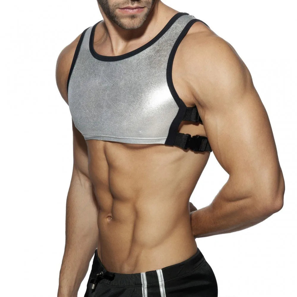 Harness Men Strap Costume Sexy Shoulder Bondage Chest Lingerie Metal Shaper Gay Men Underwear Neoprene & Metallic Leather Top