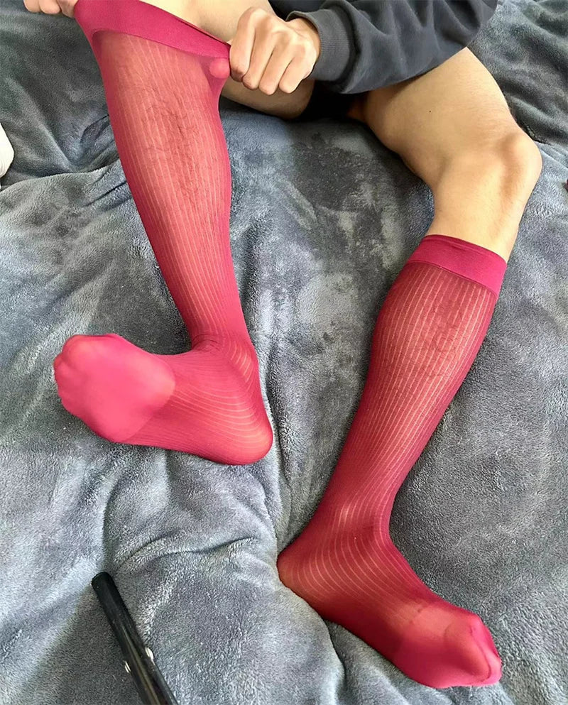 Men Sexy Dress Transparent Tube Silk High Socks Men Nylon Silk BDSM Slave Fetish Sissy Gay Hosiery Men Pure Sex Gaming Stockings