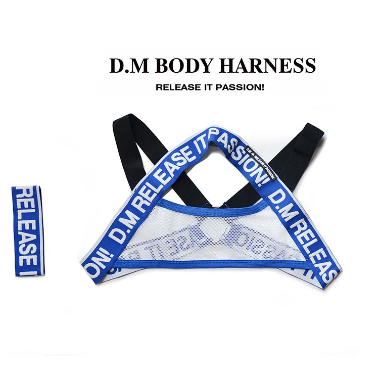 Designer Men Fashion Harness Shoulder Straps with Mesh Letter Printed Chest Straps Muscular Male Gay Decorated Harness