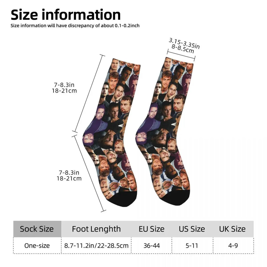 Unisex Men Socks Theo James Photo Collage English Actor Stockings Spring Funny Comfortable Socks Sports Anti Bacterial Socks