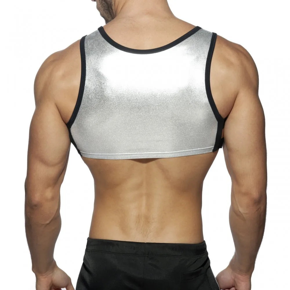 Harness Men Strap Costume Sexy Shoulder Bondage Chest Lingerie Metal Shaper Gay Men Underwear Neoprene & Metallic Leather Top