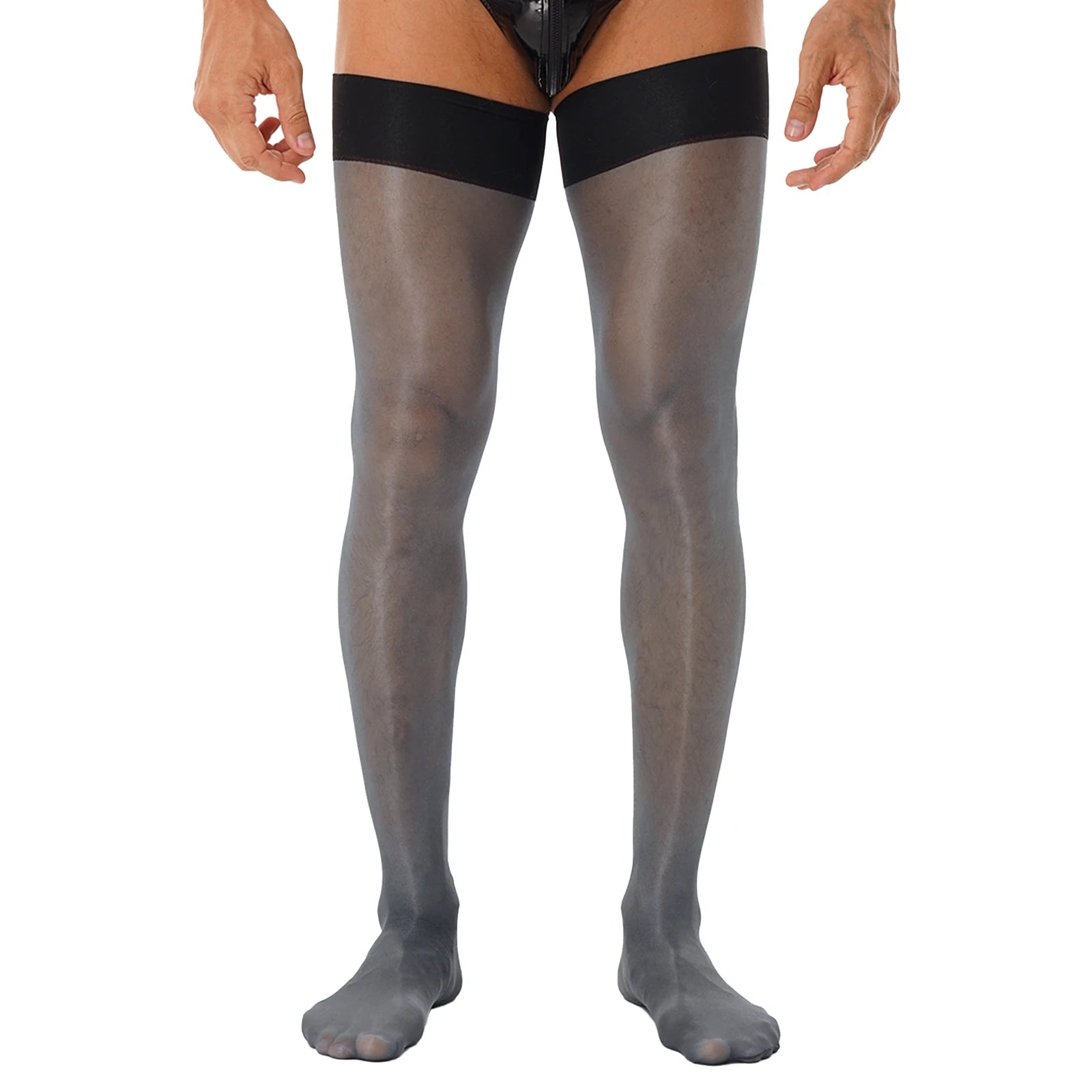 Men Glossy See-through Stockings Thin Shiny Solid Color Stretchy Sheer Thigh High Socks Sissy Fishnet Hollow Out Mesh Hosiery