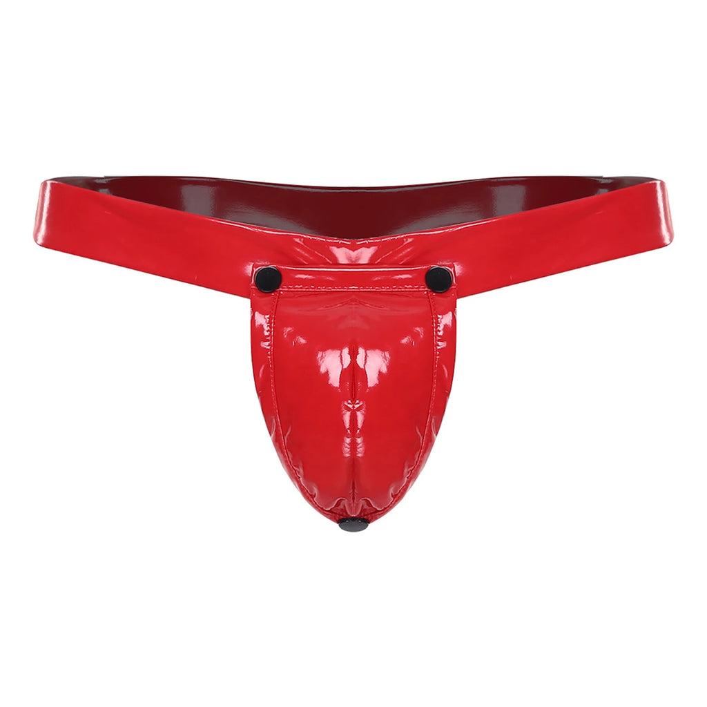 Mens Lingerie 2-in-1 Jockstrap Underwear Underpants O-ring Thong with Detachable Crotch Cover Glossy PU T-back Briefs Panties