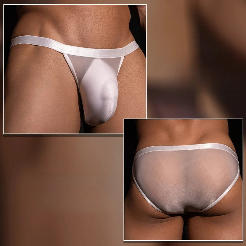 Men Sexy Underwear Thin Low Waist Thongs Lace Translucent High Elastic Panties Silky Oil Shiny Glossy U Convex Pouch Underpants