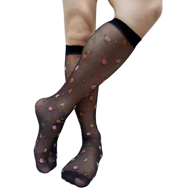 Men's Thin Sheer Sexy Socks with Floral Embroidery Black Knee High Formal Dress Suit Long Tube Stocking See through