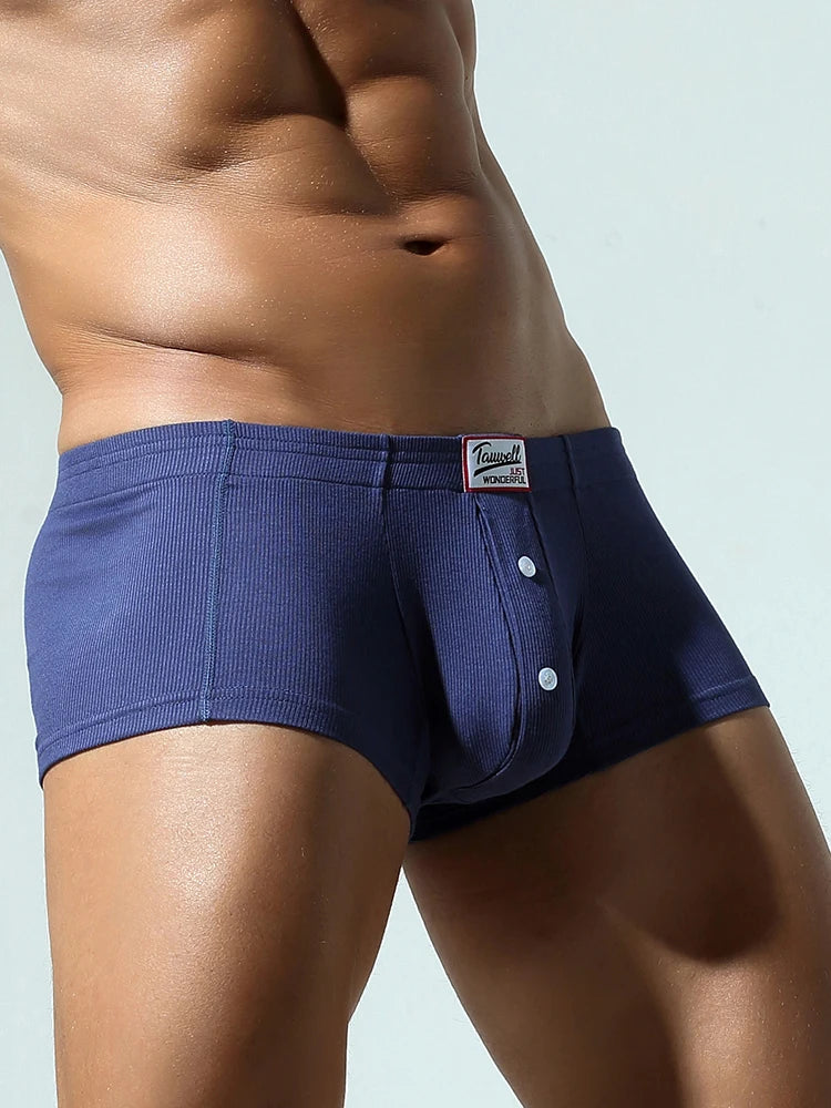 Men's flat underwear, made of synthetic cotton, high elasticity, raised, button decoration, comfortable slim fit solid color