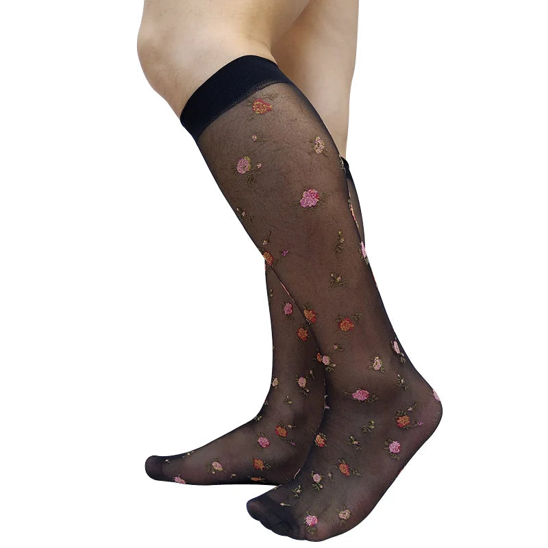 Men's Thin Sheer Sexy Socks with Floral Embroidery Black Knee High Formal Dress Suit Long Tube Stocking See through