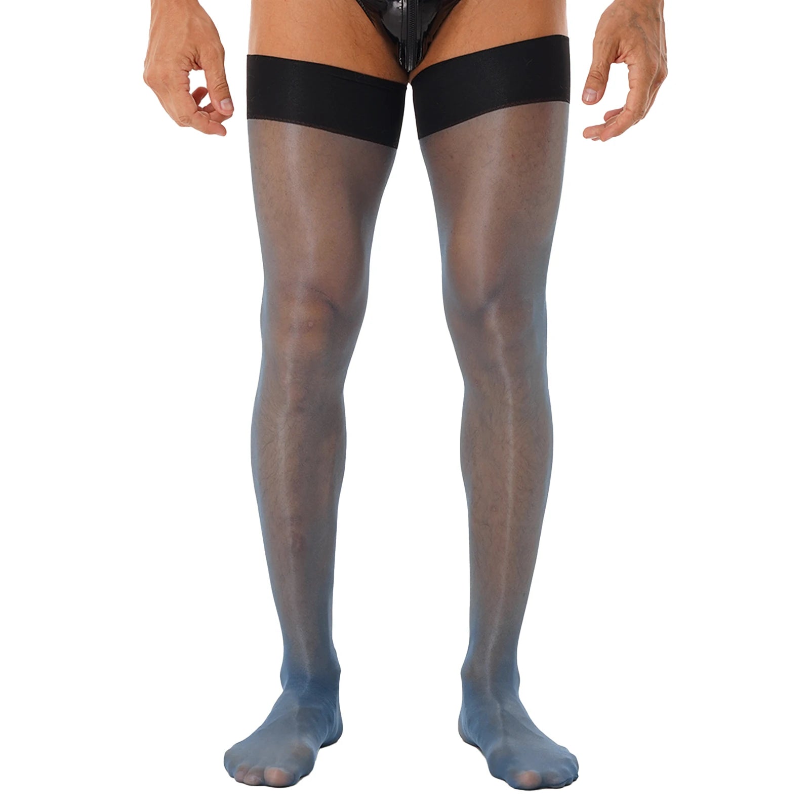 Men Glossy See-through Stockings Thin Shiny Solid Color Stretchy Sheer Thigh High Socks Sissy Fishnet Hollow Out Mesh Hosiery
