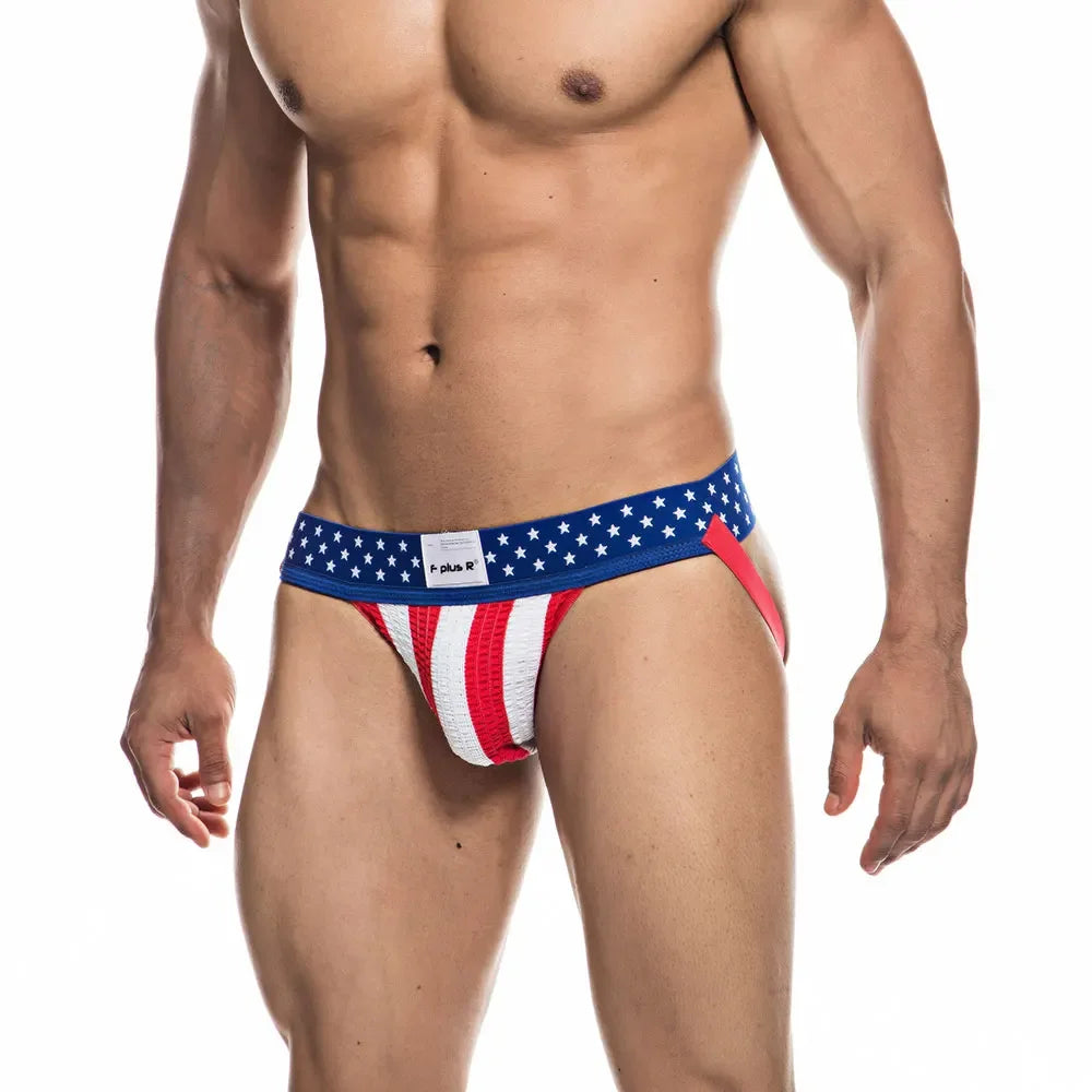 Men's Jockstrap Athletic Supporters Underwear, Sexy USA Flag Gym Workout Breathable Performance Jock Strap G String Thong Gay