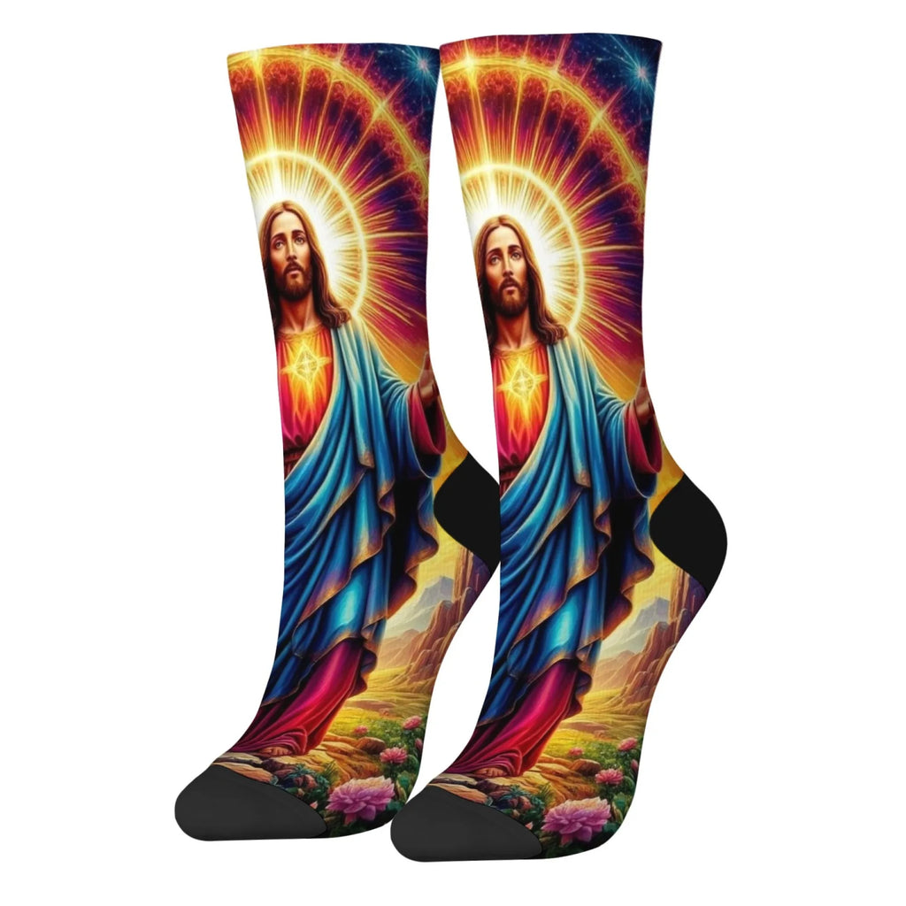 Jesus the Savior Mythology Art Men's Socks Comfortable Warm Retro Fashion Socks Novelty Funny Happy Crew Socks Casual Party Gift