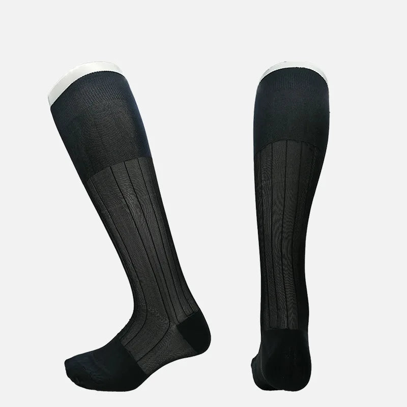 Over Knee High Business Men Socks Sexy Transparent Mesh Plain Stripe Tube Socks Male Ultra-thin Elastic Silky Stockings Men