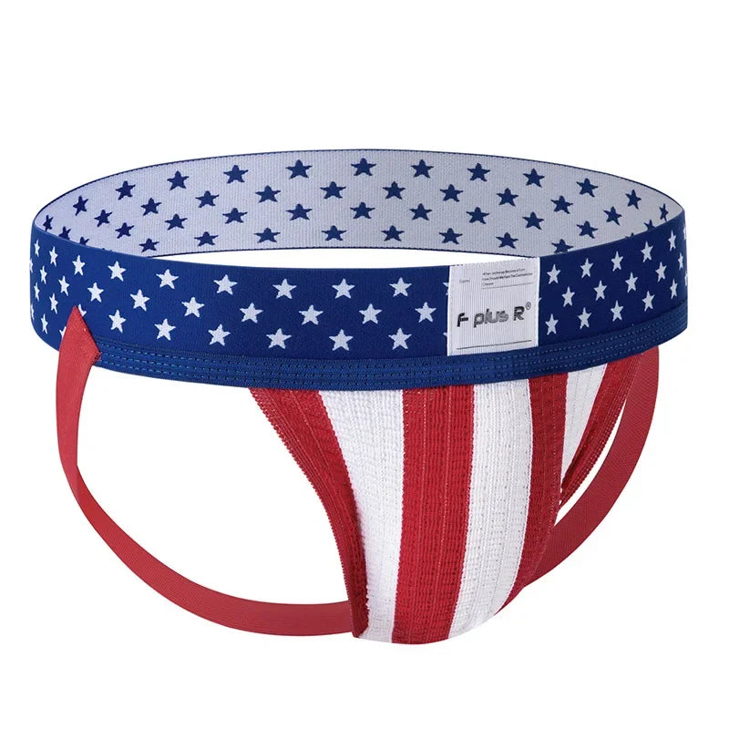 Men's Jockstrap Athletic Supporters Underwear, Sexy USA Flag Gym Workout Breathable Performance Jock Strap G String Thong Gay