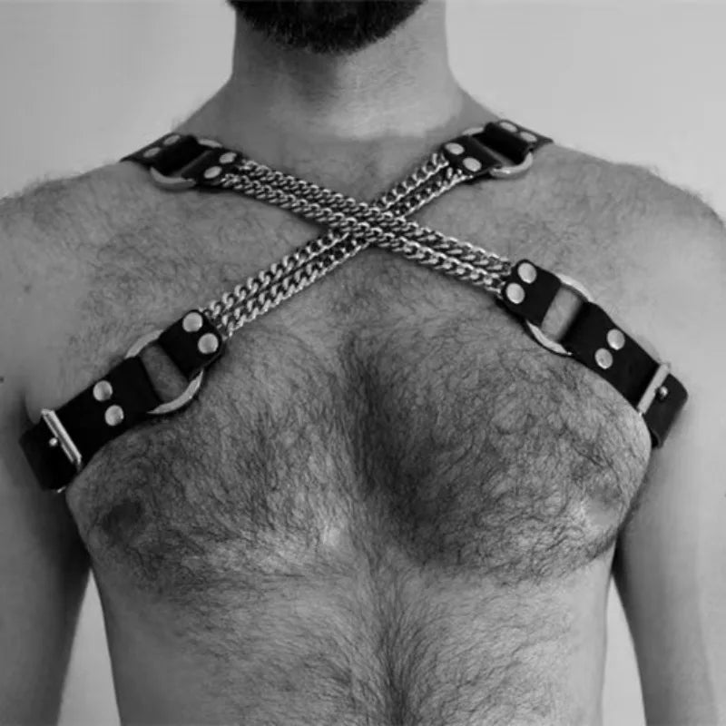 X-shape Men's Chest Harness Chain Belts Sexual Male Leather Body Straps Lingerie Fashion Punk Rave Gay Harness Accessories
