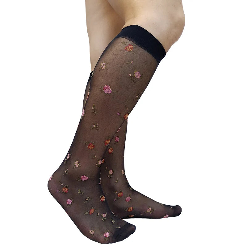 Men's Thin Sheer Sexy Socks with Floral Embroidery Black Knee High Formal Dress Suit Long Tube Stocking See through