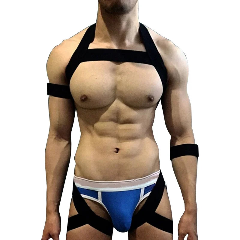Sexy Mens Harness Set Elastic Halter Chest Body Straps Hollow Out Lingerie Bondage Belts Fetish Arm Wrist Band