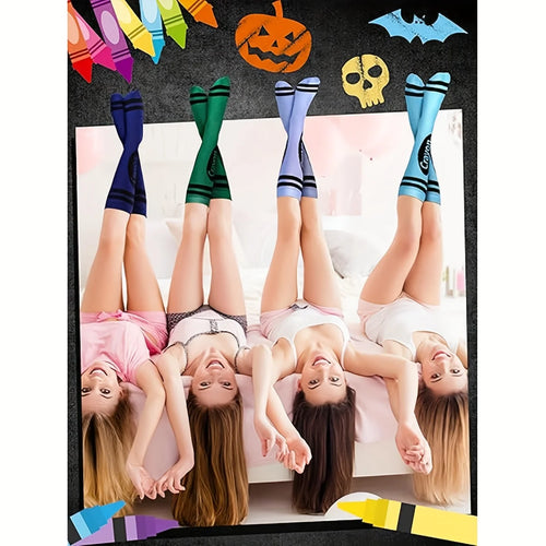1 Pair of Socks with Random Colors, Football Socks, Sports Socks, Basketball Socks, Pure Cotton, Sweat-Absorbent, Breathable, Odor-Free, Crayon Socks, Colorful Striped Over-The-Knee Socks, Fashionable and Novel, Soft and Snug