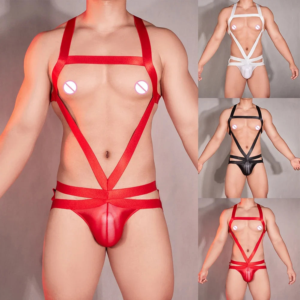 Mens Sexy Oil Shiny Hollowed Out Halter Neck Bodysuit Body Chest Harness Jumpsuits Underpants SM Erotic Smooth Male Bodysuits