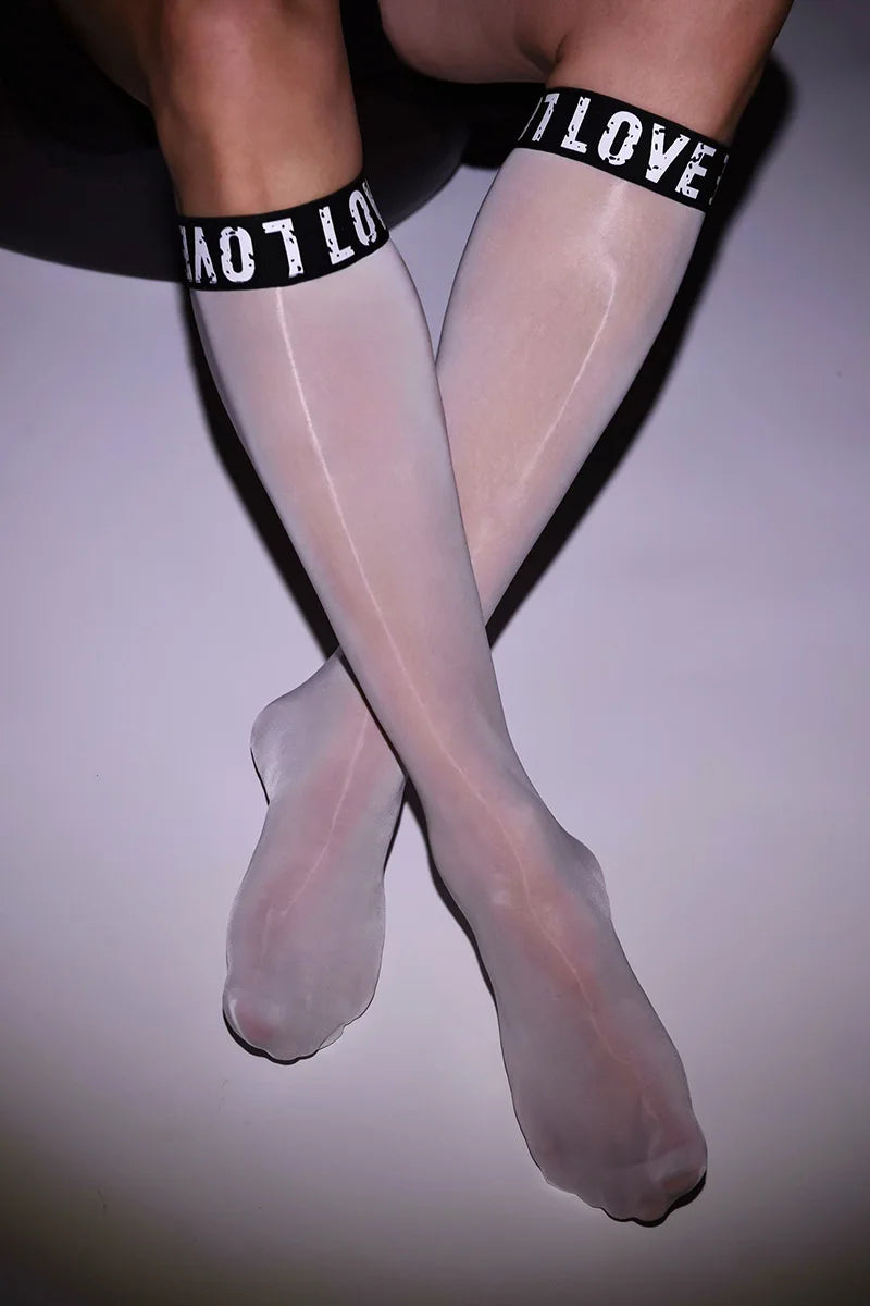 Sexy Men 8D Middle Socks Oil Glossy Ultra-Thin Stockings Silk Knee Socks Letter Business Shiny Long Socks Lingerie