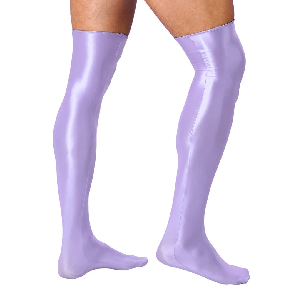Mens Glossy Thigh High Stockings Solid Oil Shiny Smooth Stretchy Knee High Socks Sexy Sissy Crossdresser Nightclub Clubwear