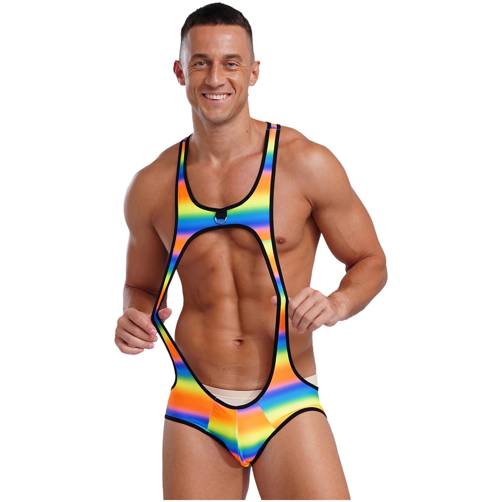 Sexy Mens Cutout U Neck Wrestling Singlet Costume Sleeveless Jockstrap Bodysuit Printed Open Butt Leotard Bodybuilding Fitness