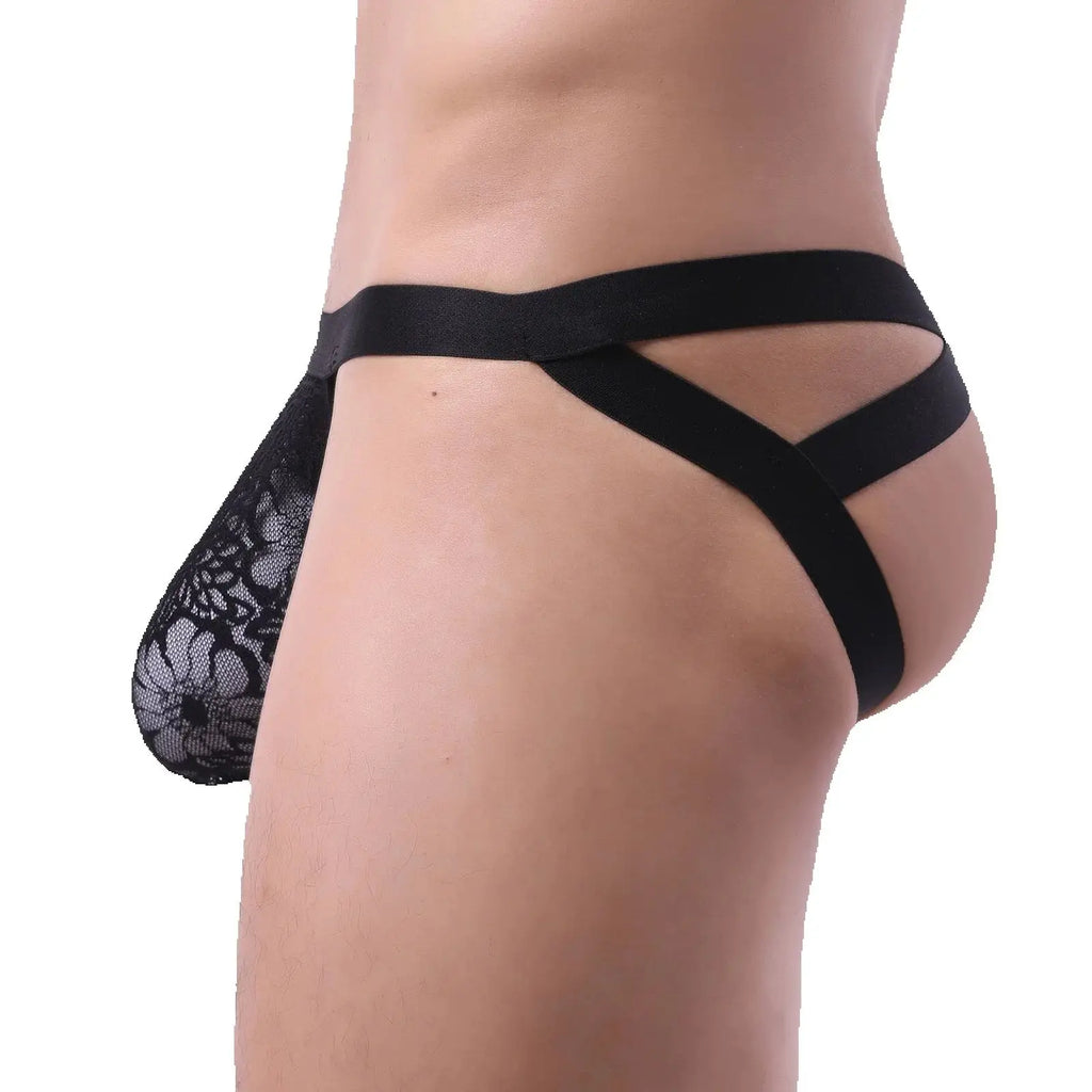 Men's Lace Jockstrap Thong Sexy Underwear Jock Strap Transparent Lingerie Man Bulge Penis Pouch Underpants See-Through Panties