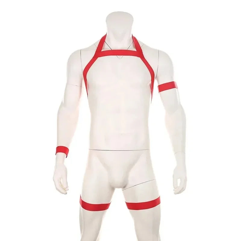 Sexy Mens Harness Set Elastic Halter Chest Body Straps Hollow Out Lingerie Bondage Belts Fetish Arm Wrist Band
