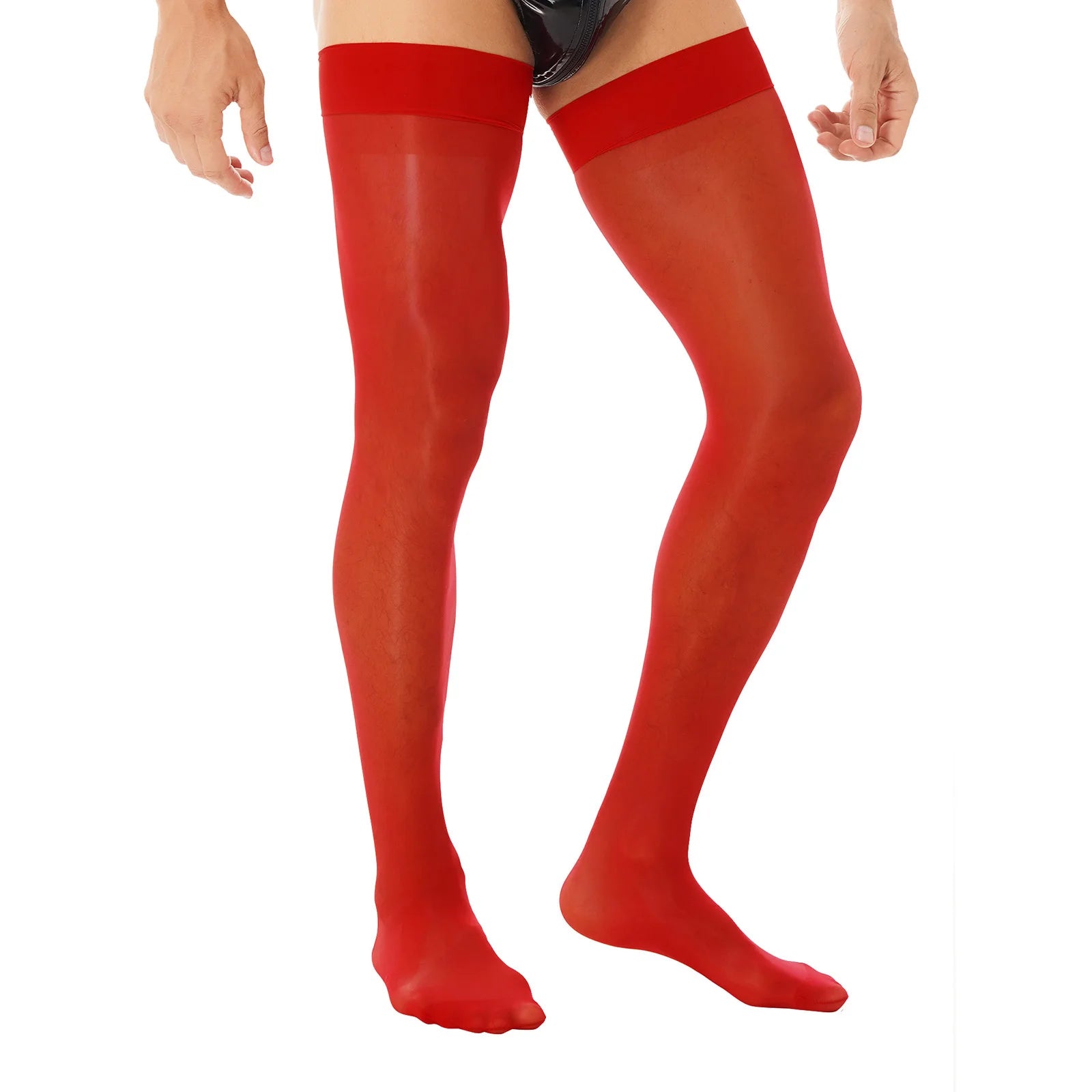 Sexy Mens Lingerie Glossy See-through Stockings Thin Shiny Solid Color Stretchy Sheer Thigh High Socks Sissy Stockings