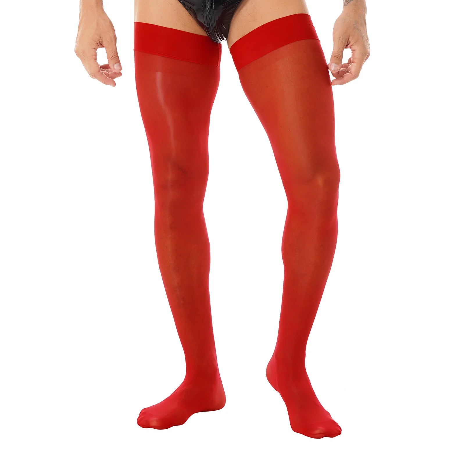Sexy Mens Lingerie Glossy See-through Stockings Thin Shiny Solid Color Stretchy Sheer Thigh High Socks Sissy Stockings