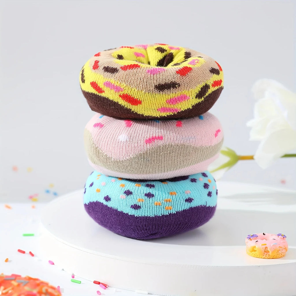 3 pairs of stylish, unique and interesting colorful donut pattern gift socks for men and women for all seasons