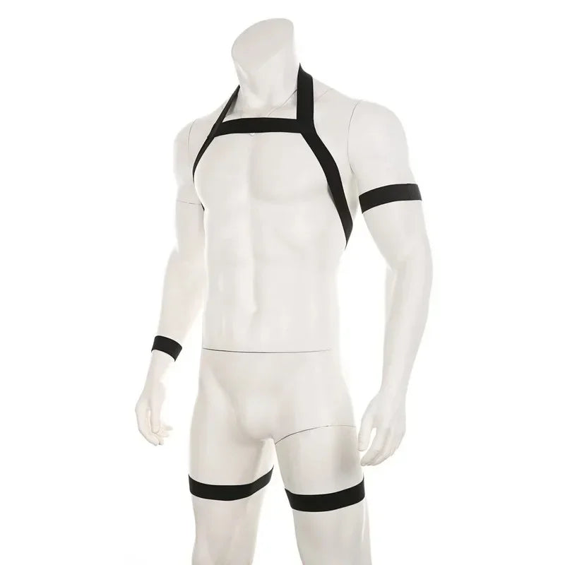 Sexy Mens Harness Set Elastic Halter Chest Body Straps Hollow Out Lingerie Bondage Belts Fetish Arm Wrist Band