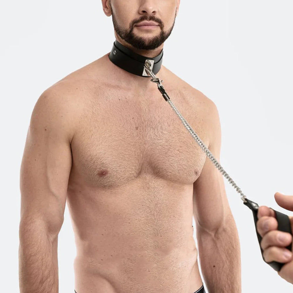 Leather Male Collar Neck Collar Punk Gothic Chain Traction Rope Gay Lothing Handmade Adjustable Accessorie