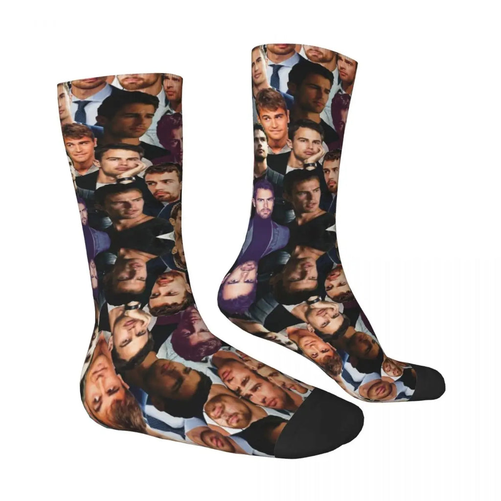 Unisex Men Socks Theo James Photo Collage English Actor Stockings Spring Funny Comfortable Socks Sports Anti Bacterial Socks